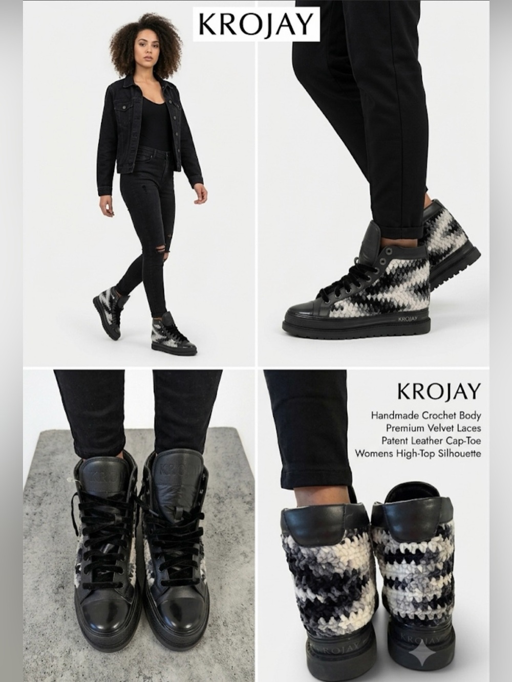Krojay Onyx Women's Handmade Crochet & Leather High-Top Platform Sneakers Size10